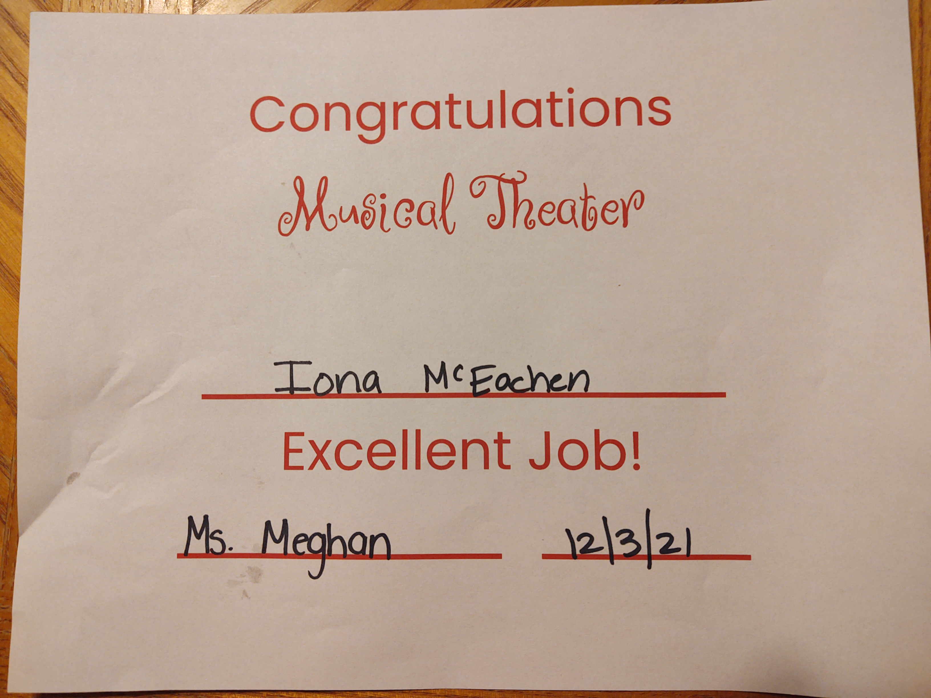 musical theater certificate